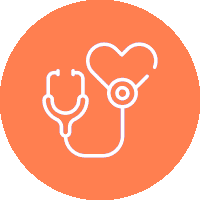 A stethoscope and heart symbol on an orange circle.